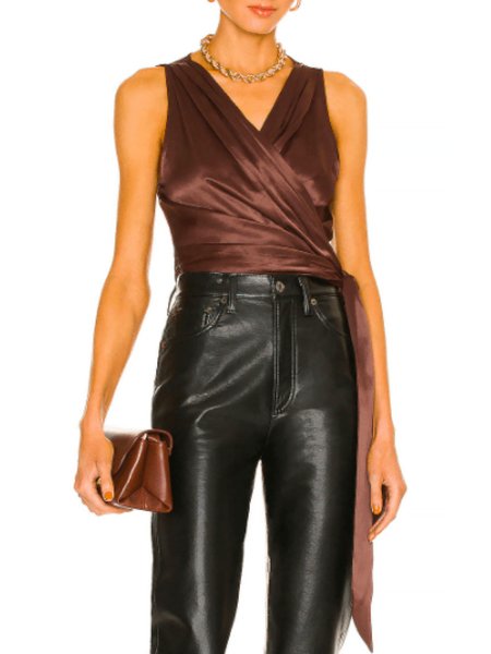 

Summer Lightweight V neck Elegant Satin Short Sleeve Daily Tops, Brown, Tunics