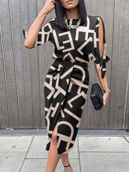 

Fashion Crew Neck Letter Short Sleeve Midi Dress, Black, Midi Dresses