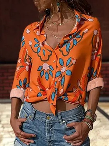 

Shirt Collar Casual Loosen Long Sleeve Blouse, Orange, Shirts & Blouses