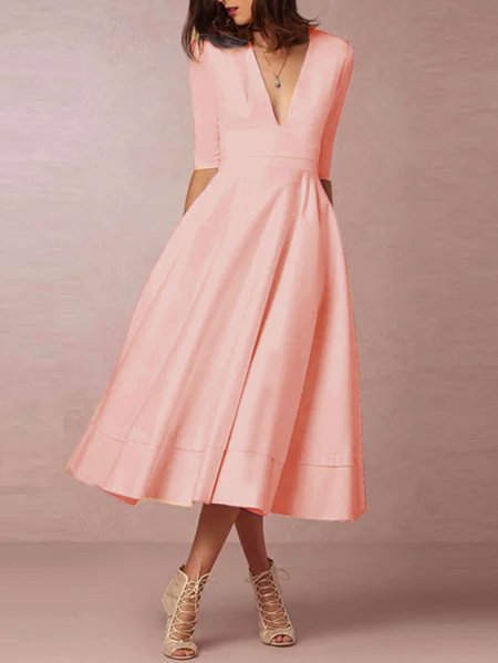 

Gathered Half Sleeve A-Line Cocktail Wedding Midi Dress, Pink, Cocktail Dresses
