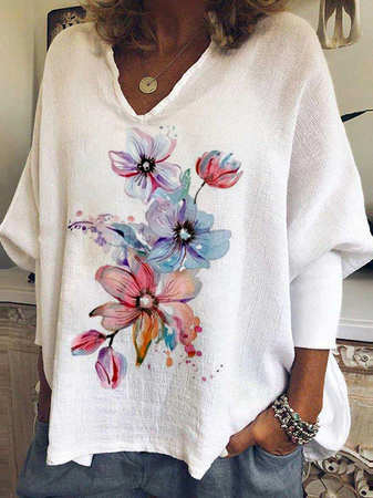 

V Neck Casual Floral Long Sleeve Tops, White, Shirts & Blouses