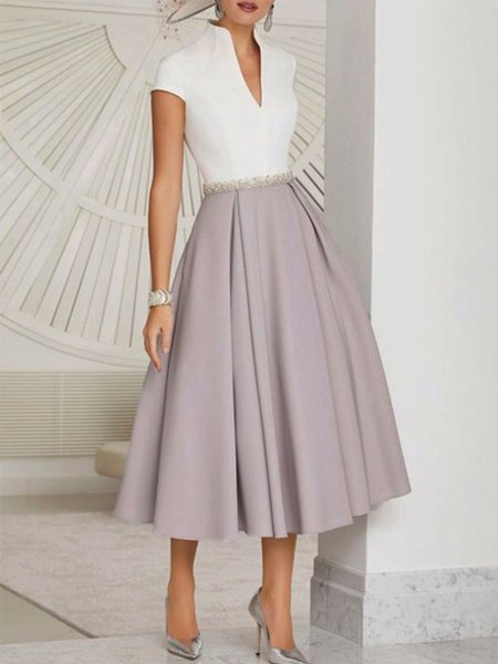 

Elegant Formal V Neck Short Sleeve Color Block Dress, As picture, Midi Dresses