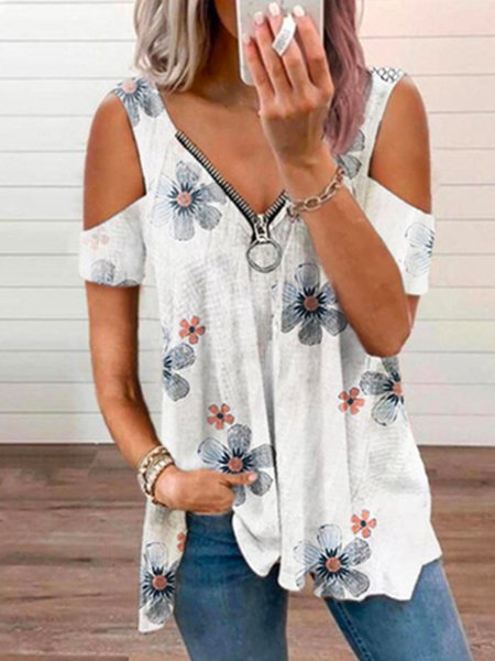 

JFN V Neck Floral Vacation Blouse, White, Shirts & Blouses