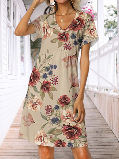 

Cream & Pink Floral V-Neck Short-Sleeve A-Line Dress Loosen Short Sleeve Knit Dress, Apricot, Mini Dresses