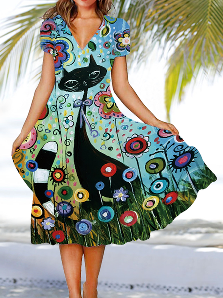 

Cat Floral Ombre Print Beach Resort Dress V Neck Casual Loosen Short Sleeve Knit Dress, Blue, Dresses