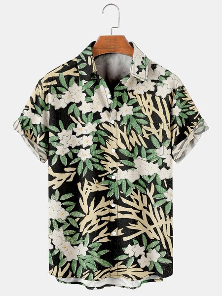 

Men's Vintage Leaf Print Casual Breathable Short Sleeve Shirt, Blue, Men's Floral shirt
