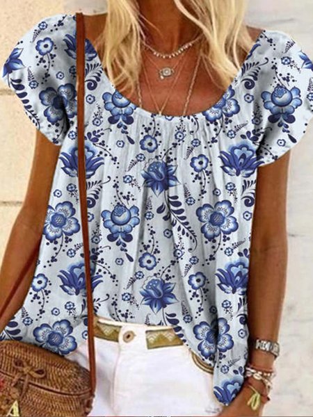

Floral Casual Short Sleeve Tops, Blue, Tops