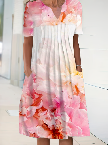 

V Neck Boho Short Sleeve women Dress, Pink, Dresses