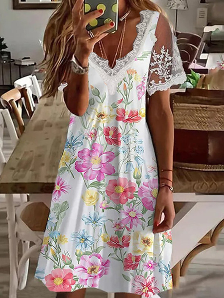 

Women's Floral Print Casual Short Sleeve Dress, White, Dresses