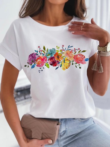

Round Neck Vacation Floral Short Sleeve T-Shirt, White, Tees & T-shirts