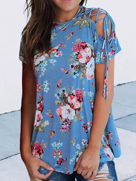 

Crew Neck Floral Loosen Short Sleeve T-Shirt, Blue, T-Shirts