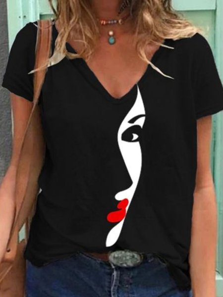 

Abstract Casual V neck Loosen Short Sleeve T-Shirt, Black, T-Shirts