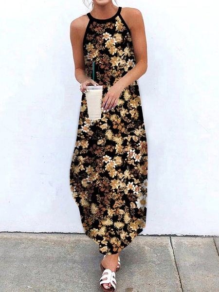 

Round Neck Casual Floral Sleeveless Knitting Dresses, Black, Maxi Dresses