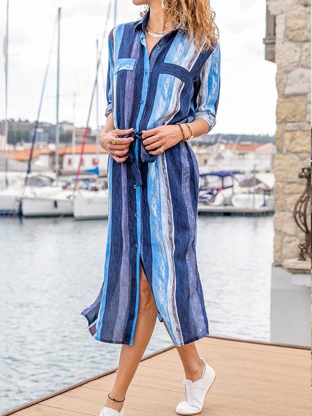 

Vacation Loosen Long Sleeve Woven Dress, Blue, Midi Dresses