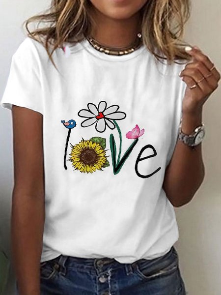

Casual Crew Neck Loosen Floral Short Sleeve T-Shirt, White, T-Shirts