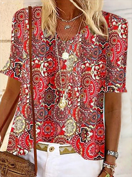 

Women's Short Sleeve Blouse Summer Ethnic Crew Neck Vacation Going Out Casual Top Red, Shirts & Blouses