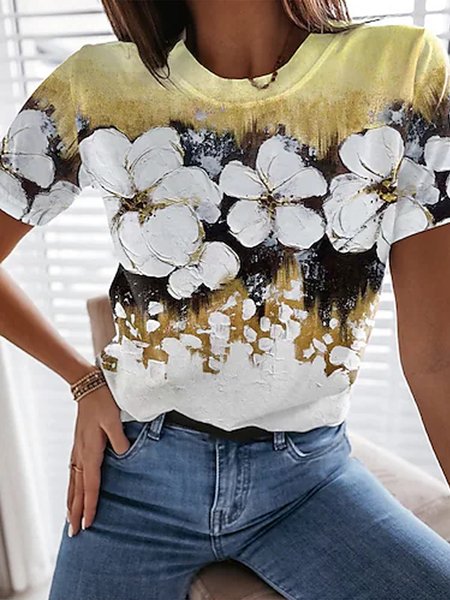 

Casual Floral Short Sleeve T-Shirt, Yellow, T-Shirts