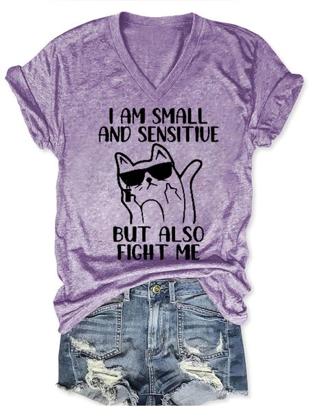 

Funny I Am Small And Sensitiue V Neck Short Sleeve T-Shirt, Purple, T-shirts