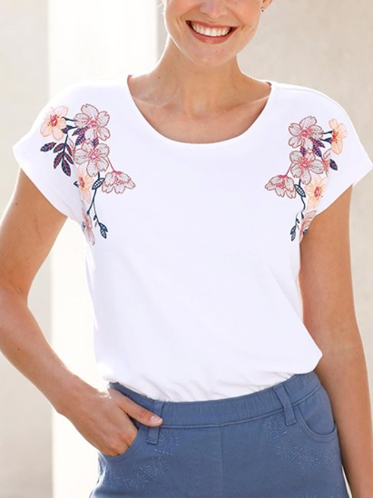 

Floral Loosen Casual Short Sleeve T-Shirt, White, Tees & T-shirts
