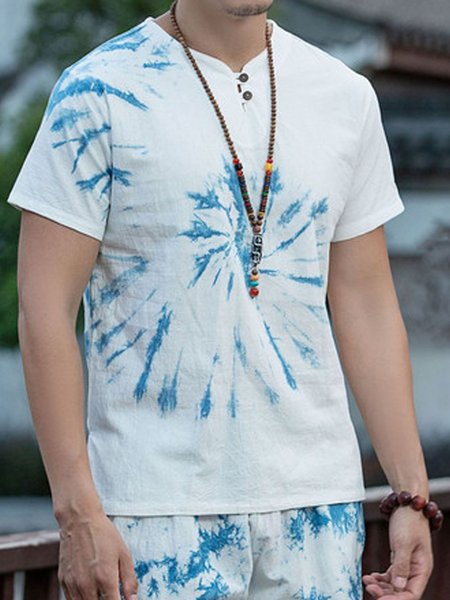 

Men's Cotton Linen Tie Dye Short Sleeve Shirt, White, T-Shirts