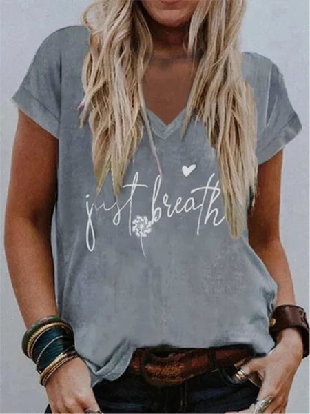 

Vintage Short Sleeve Dandelion Just Breathe Printed V Neck Plus Size Casual Tops, Gray, T-Shirts