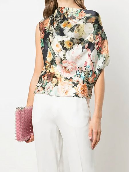 

Summer Asymmetrical Neck Lightweight Elegant Short Sleeve Tops, Black, Tops