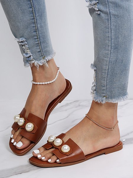 

Elegant Pearl Stitching Square Toe Casual Slippers, Brown, Sandals