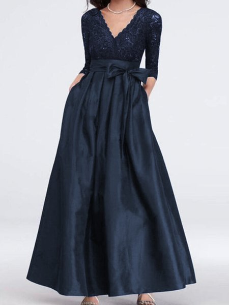 

V Neck Elegant Regular Fit Maxi Dress, Dark_blue, Maxi Dresses