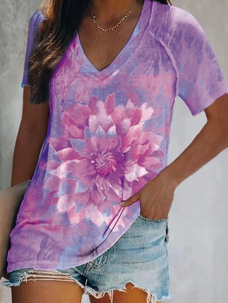 

Floral V Neck Loosen Casual Short Sleeve T-Shirt, As picture, T-Shirts