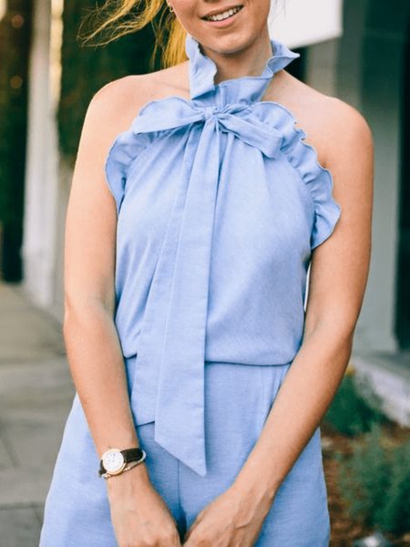 

Summer Ruffle collar Lightweight Sweet Short Sleeve Daily Tops, Blue, Tunics