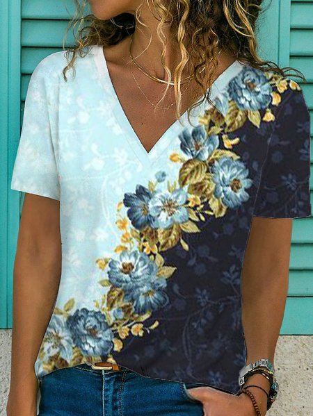 

V Neck Floral Loosen Short Sleeve T-Shirt, Multicolor, T-Shirts