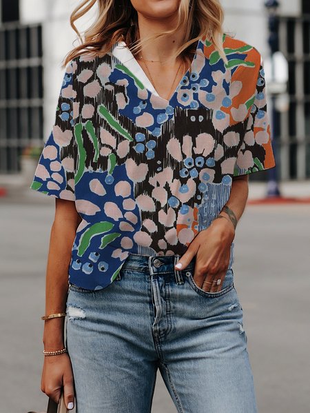 

Casual Loosen V Neck Abstract Short Sleeve Tops, Black, Shirts & Blouses
