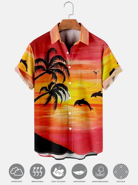 

Men's Breathable Cool Fabric Printed Casual Breathable Hawaiian Short Sleeve Shirt, Red, Men's Floral shirt