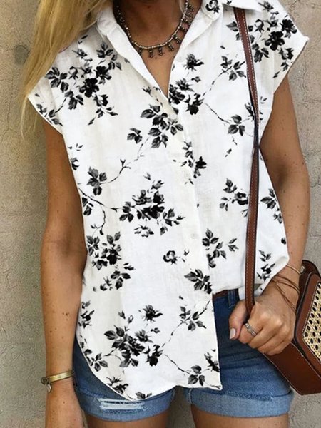 

Vacation Floral Leaves Casual Loosen Shirt Collar Short Sleeve Blouse, Flower, Blouses & Shirts