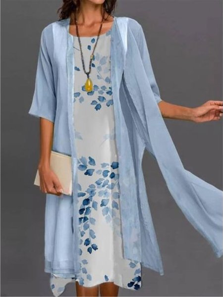 

Casual Crew Neck Floral Sleeveless Loosen Two Piece Sets, Blue, Midi Dresses
