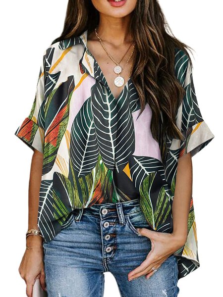 

Vacation Lapel Short Sleeve Blouse, As picture, Blouses and Shirts