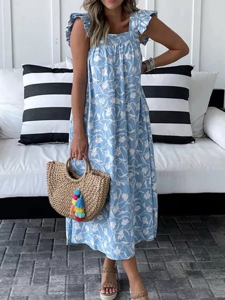 

Floral Cap Sleeve Square Neck Plus Size Casual Woven Dress, Blue, Maxi Dresses