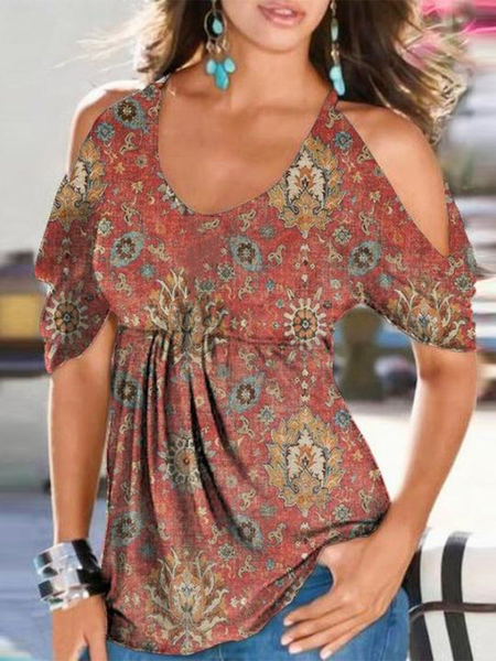 

Tribal Casual Crew Neck Short Sleeve Tops, Red, T-Shirts