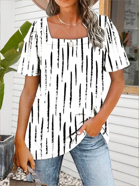

Square Neck Striped Short Sleeve T-Shirt, White, T-Shirts
