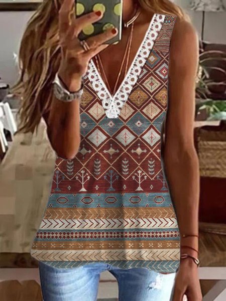 Tribal Geometric Printed Knit Tank, Multicolor, Tanks & Camis