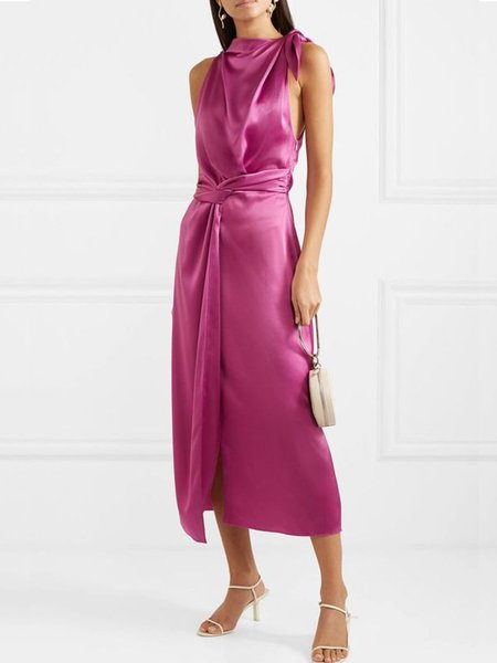 

Elegant Sleeveless Woven Dress, Rose red, Midi Dresses