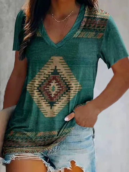 

Tribal Cotton Blends Casual V Neck Short Sleeve T-Shirt, Green, T-Shirts