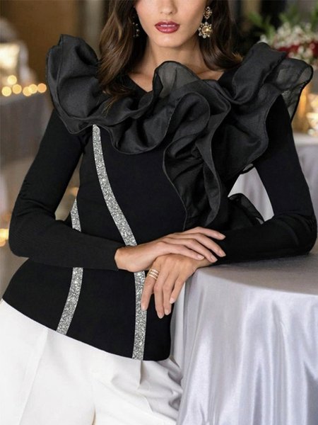 

Elegant Long Sleeve Solid Skinny Top, Black, Tops