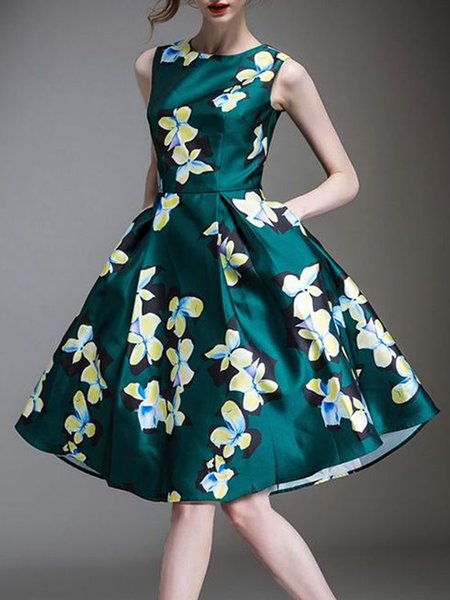 

Crew Neck Elegant Regular Fit Sleeveless Woven Dress, Green, Midi Dresses