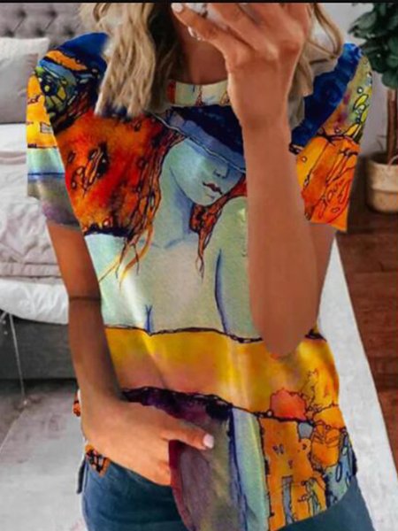 

Casual Abstract Crew Neck Short Sleeve T-Shirt, Multicolor, T-Shirts