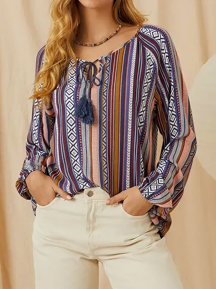 

Geometric Notched Casual Long Sleeve Tops, Multicolor, Shirts & Blouses