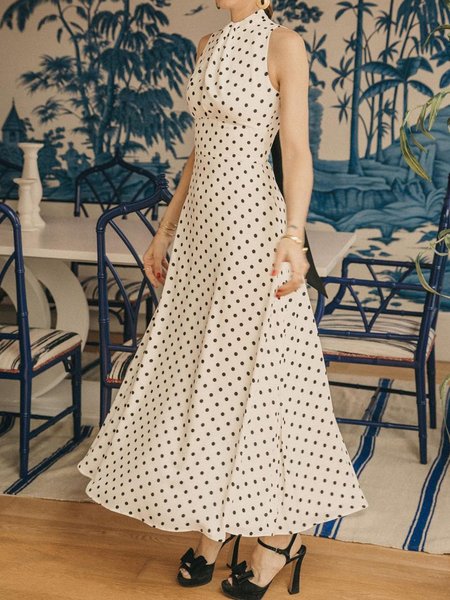 

Regular Fit Polka Dots Sleeveless Woven Dress, Beige, Maxi Dresses
