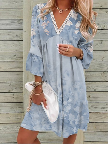 

Gradient floral print Lace Ruffle loose dress midi Plus Size, Blue, Dresses
