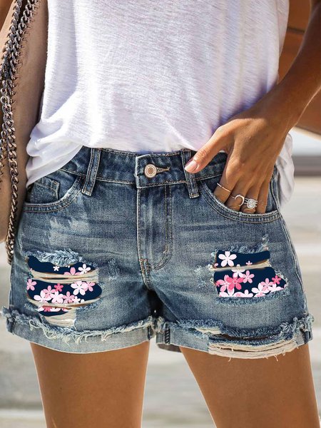 

Regular Fit Casual Denim Sakura Shorts, Blue, Shorts