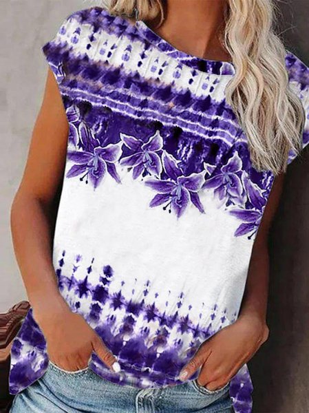 

Tie Dye Lily Floral Short Sleeve Tops, Purple, T-Shirts